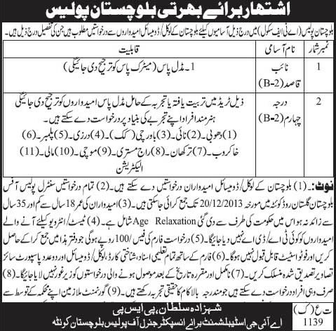 Balochistan Police ATF School Jobs 2013 December for Naib Qasid & Other Positions