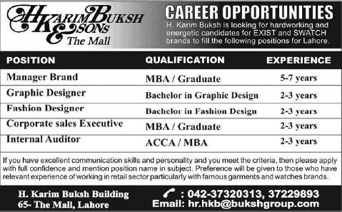 Brand Manager, Graphic / Fashion Designer, Sales Executive & Internal Auditor Jobs in Lahore 2013 December H. Karim Buksh & Sons