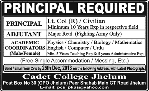 Cadet College Jhelum Jobs 2013 December for Principal, Adjutant & Academic Coordinators