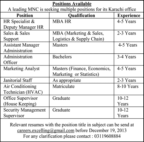 Multinational Companies Jobs in Karachi December 2013 Administrative, Marketing & Technical Staff