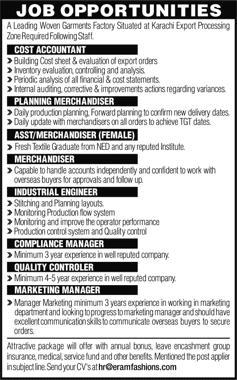 Latest Garments / Textile Industry Jobs in Karachi 2013 December Cost Accountant, Merchandisers, Managers & Other Staff