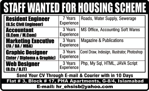 Civil Engineer, Accountant, Marketing Executive, Graphic Designer & Web Designer Jobs in Islamabad 2013 December for a Housing Scheme