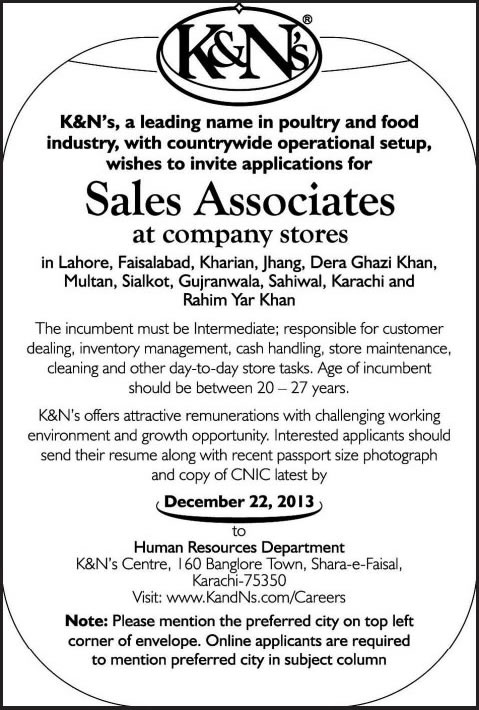 K&N Jobs in Pakistan 2013 December for Sales Associates Latest Advertisement