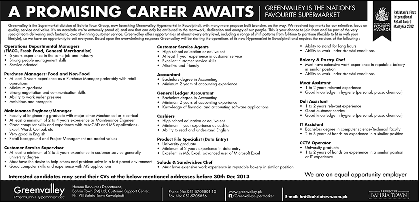 Greenvalley Bahria Town Rawalpindi Jobs 2013 December Latest Advertisement