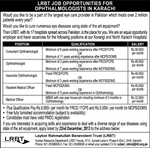LRBT Karachi Jobs 2013 December for Ophthalmologists