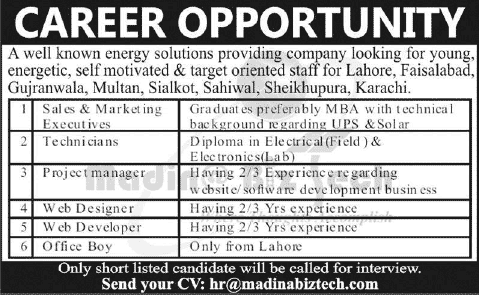 Project Manager, Office Boy, Technicians, Sales & Marketing Executives, Web Developer / Designer Jobs in Pakistan 2013 December