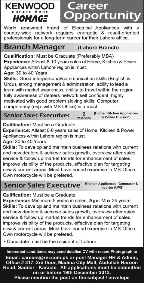 Kenwood / Homage - R&I Electrical Appliances (Pvt.) Ltd Lahore Jobs 2013 December for Sales Executives & Branch Manager