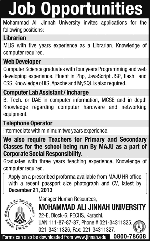 MAJU Karachi Jobs 2013 December for Teachers, Librarian, Web Developer, Computer Lab Assistant & Telephone Operator
