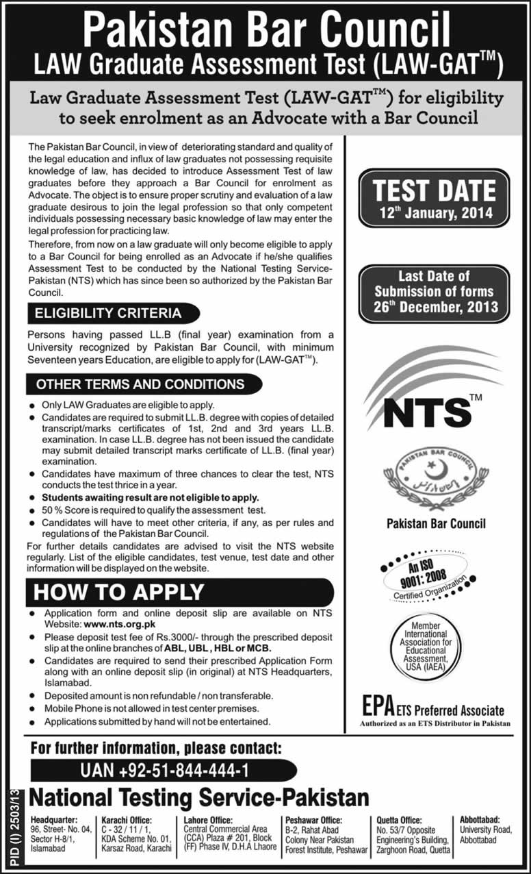 NTS Law Graduate Assessment Test (LAW-GAT) 2013 - 2014 for Pakistan Bar Council