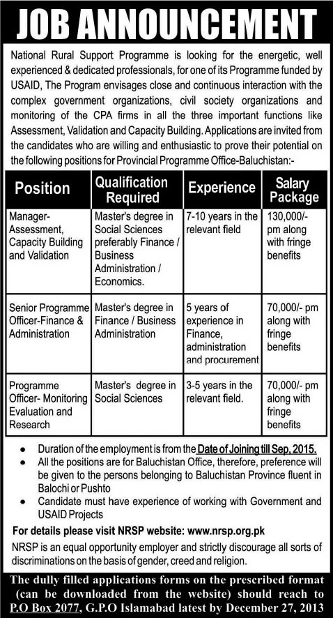 National Rural Support Programme (NRSP) Balochistan Jobs 2013 December