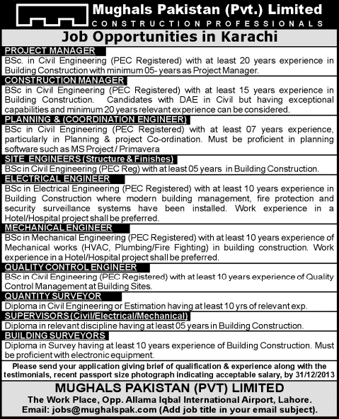 Mughals Pakistan Jobs 2013 December in Karachi for Civil / Electrical / Mechanical Engineers & Building / Quantity Surveyor