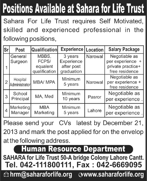 Sahara for Life Trust Jobs 2013 December for General Surgeon, Hospital Administrator, School Principal & Marketing Manager