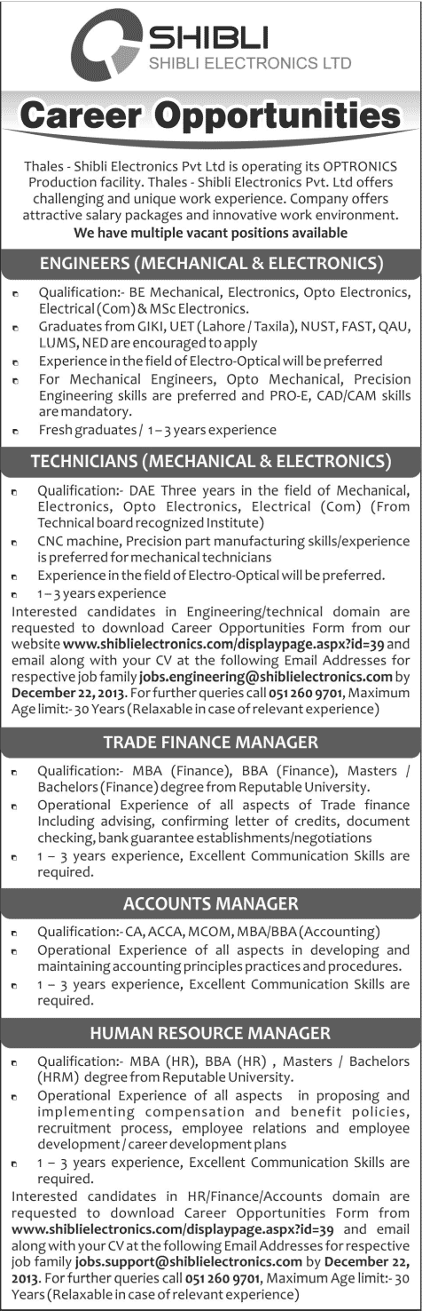 Shibli Electronics Pvt. Ltd. Jobs 2013 December Engineers, Technicians, Trade Finance / Accounts Manager & HR Manager