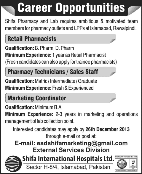 Shifa Pharmacy & Lab Islamabad / Rawalpindi Jobs 2013 December for Retail Pharmacists, Sales Staff & Marketing Coordinator