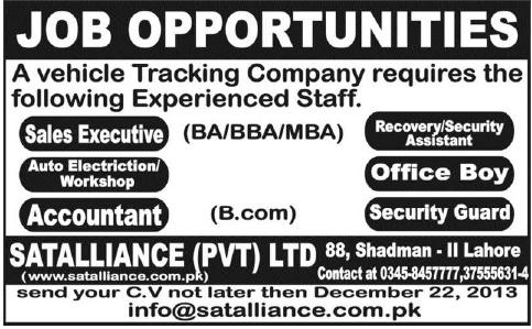 Sales Executive, Accountant, Auto Electrician, Assistant & Office Boy Jobs in Lahore 2013 December at Satalliance Company