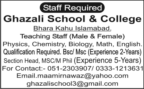 Teaching Jobs in Bara Kahu 2013 December Male/Female Teachers at Ghazali School & College Bhara Kahu