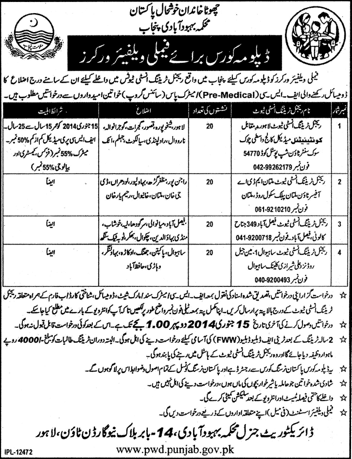 Family Welfare Workers Diploma Course 2013 December Punjab Welfare Development Punjab