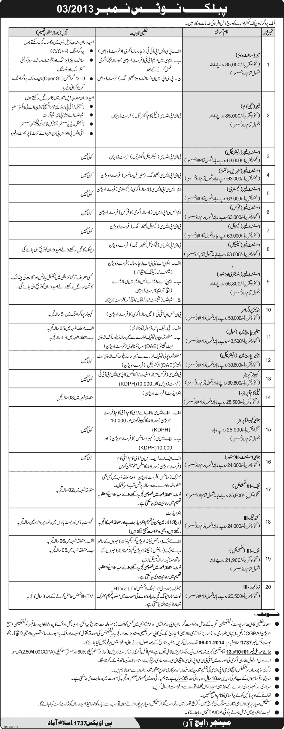 PO Box 1737 Islamabad Jobs 2013 December 22 Latest Advertisement