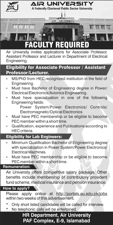 Lab Engineers & Electrical Engineering Faculty Jobs in Islamabad 2013 December at Air University