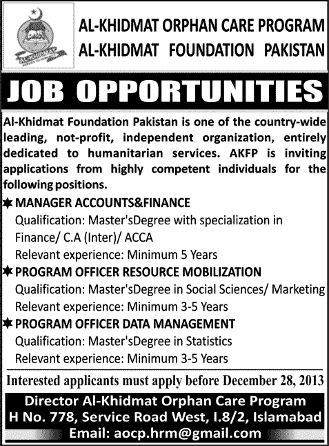 Al-Khidmat Foundation Orphan Care Program Jobs 2013 December for Manager Accounts & Finance and Program Officer