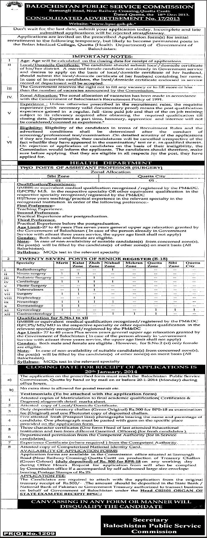 BPSC Jobs December 2013 Consolidated Advertisement No. 17/2013