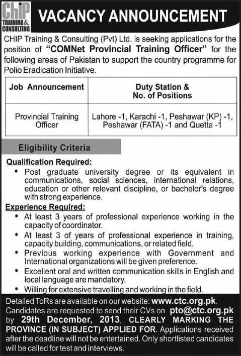 Polio Eradication Initiative Jobs 2013 December for Provincial Training Officer at Chip Consulting & Training (Pvt.) Ltd