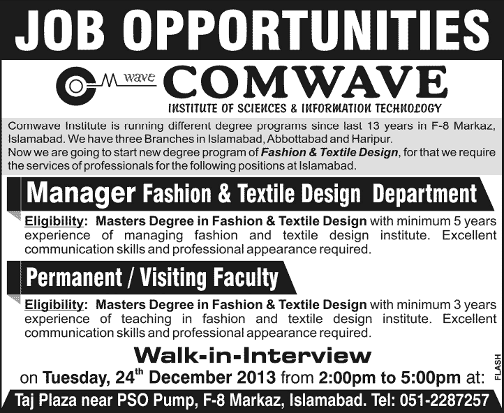 Comwave Institute Islamabad Jobs 2013 December for Manager & Permanent / Visiting Faculty