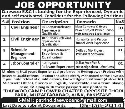 Daewoo E&C Pakistan 2013 December for Civil Engineers, Labor Controller & Schedule Management Engineer