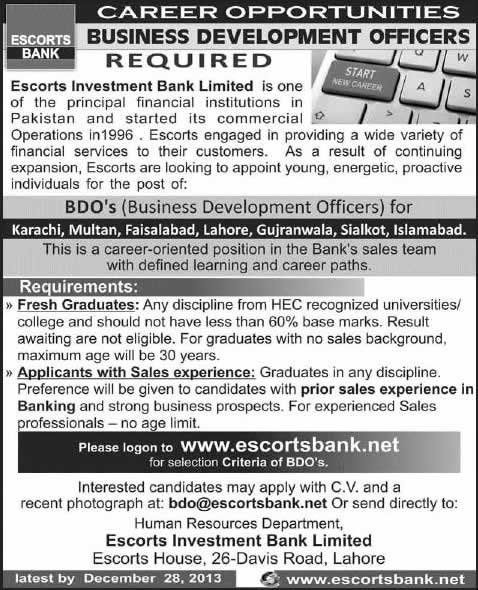 Escorts Investment Bank Limited Jobs 2013 December for Business Development Officers