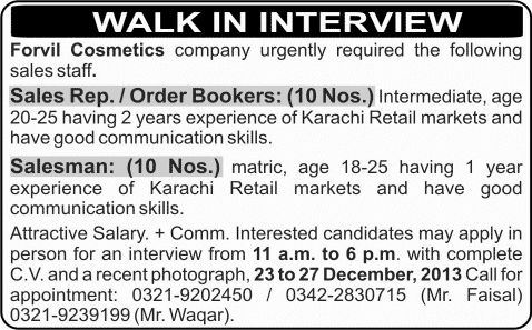 Sales Representatives & Salesman Jobs in Karachi 2013 December