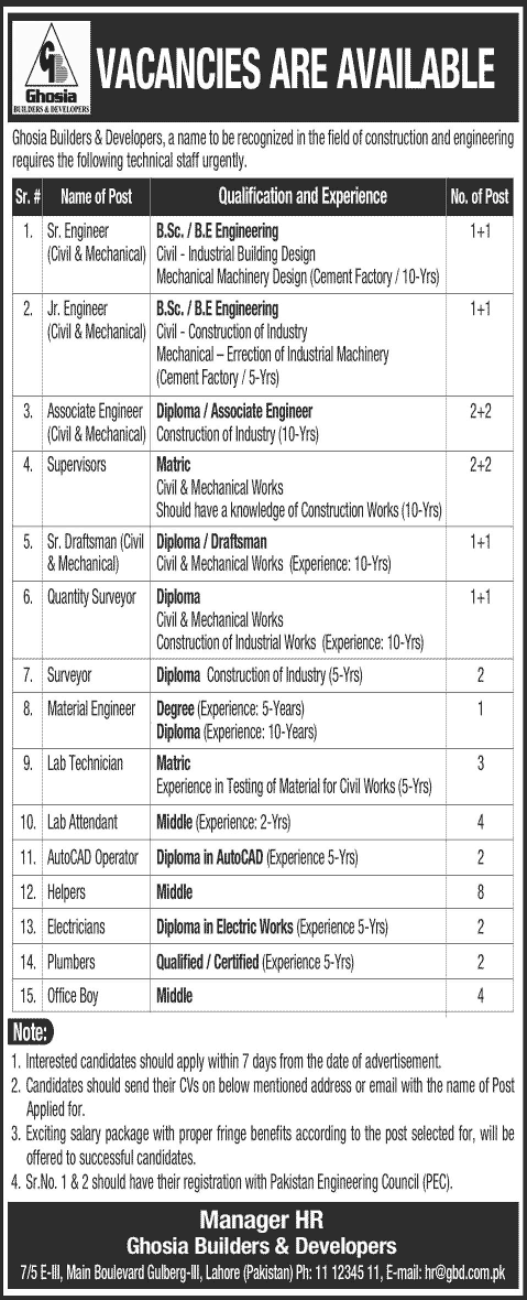 Ghosia Builders & Developers Lahore Jobs 2013 December for Mechanical / Civil Engineers & Staff