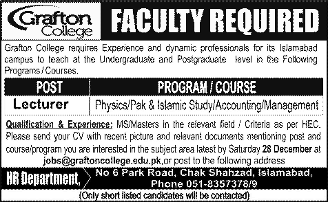 Grafton College Islamabad Jobs 2013 December for Lecturer