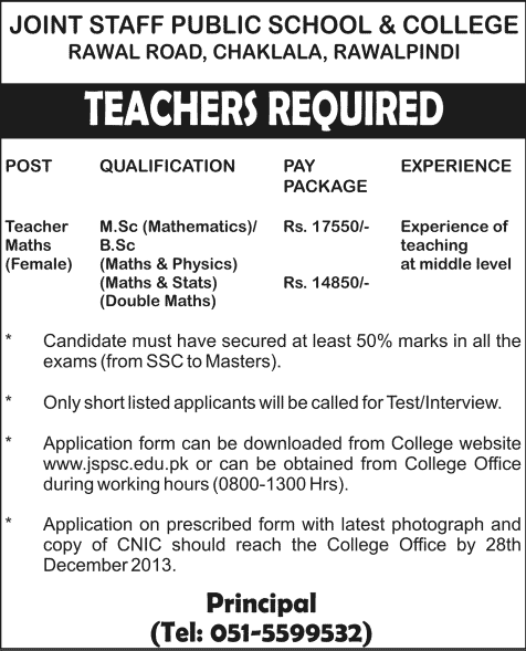 Female Mathematics Teacher Jobs in Rawalpindi 2013 December at Joint Staff Public School & College Chaklala