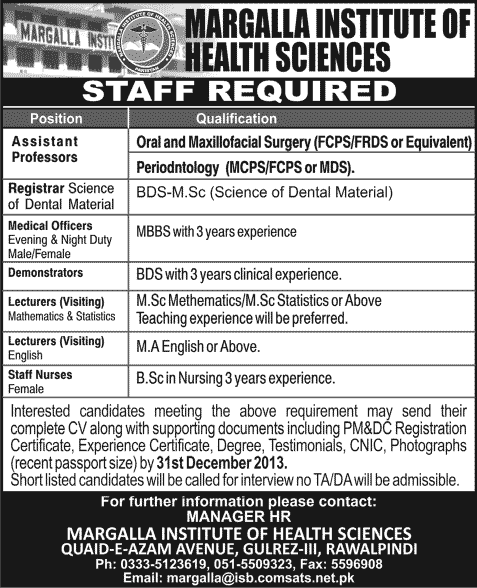 Margalla Institute of Health Sciences Rawalpindi Jobs 2013 December for Faculty, Medical Officers & Staff Nurses