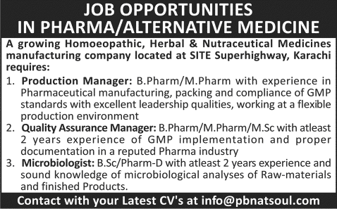 Production Manager, Quality Assurance Manager & Microbiologist Jobs in Karachi 2013 December for Natsoul Pharmaceutical Company