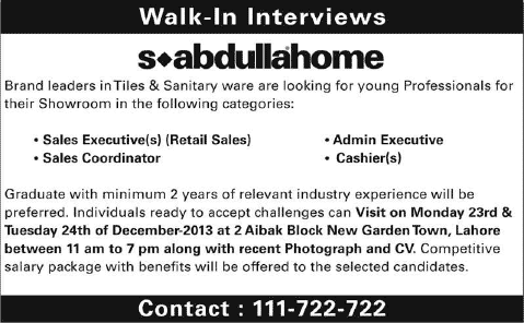 Sales Executives, Sales Coordinator, Cashiers & Admin Executive Jobs in Lahore 2013 December at S Abdulla Home