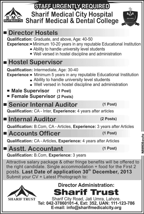 Sharif Medical City Hospital Jobs Lahore 2013 December