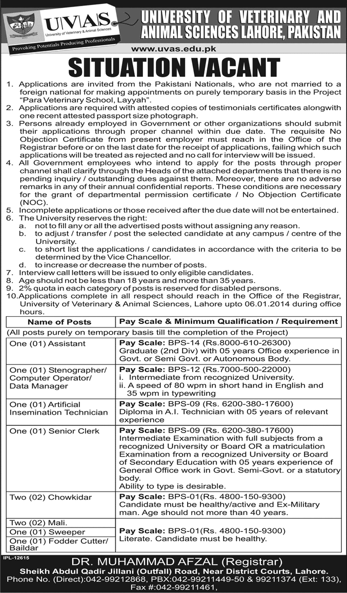 University of Veterinary & Animal Sciences (UVAS) Jobs 2013 December for Administrative Staff at Para Veterinary School Layyah