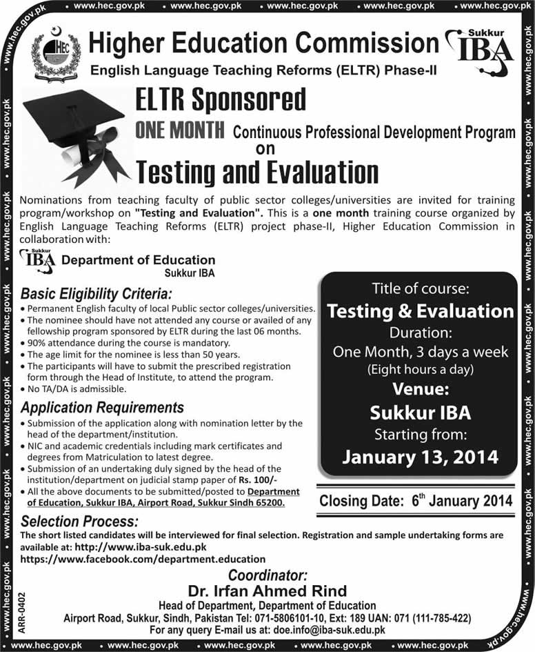 HEC & IBA English Language Teaching Reforms (ELTR) Phase-II One Month Continuous Professional Development Program