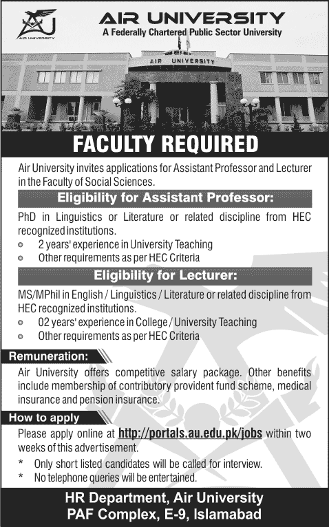 Assistant Professor / Lecturer Jobs in Air University Islamabad December 2013 2014 January