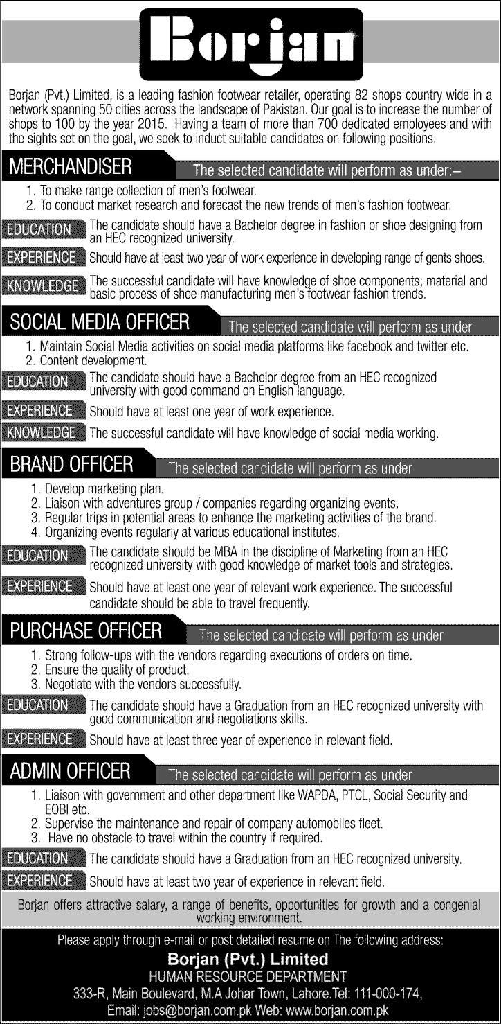 Borjan (Pvt.) Limited Lahore Jobs December 2013 2014 for Merchandiser, Social Media Officer & Brand / Purchase / Admin Officer