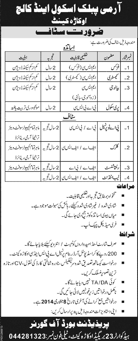 Army Public School & College Okara Cantt December 2013 2014 January for Teaching & Administrative Staff