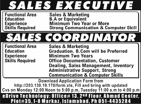 Sales Executive & Sales Coordinator Jobs in Islamabad December 2013 2014 January at eDrive