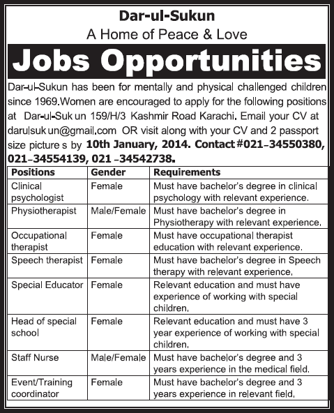 Dar-ul-Sukun Karachi Jobs 2013 December for Psychologists, Physiotherapists, Special Educator, Staff Nurse & Other Staff