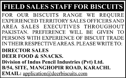 Territory Sales Officers & Area Sales Executive Jobs in Pakistan 2013 December at Deer Food & Snacks