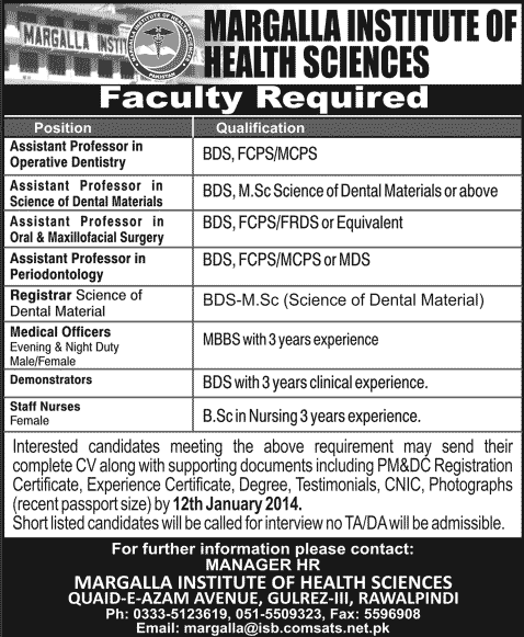 Teaching Faculty, Medical Officers & Nurse Jobs in Rawalpindi 2013 2014 January at Margalla Institute of Health Sciences