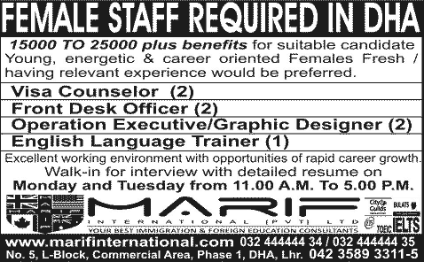 Female Receptionist, Visa Counselor, Graphic Designer & English Language Trainer Jobs in Lahore 2013 2014 January at Marif International