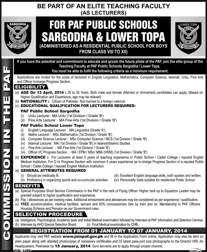 PAF Public Schools Sargodha & Lower Topa Murree Jobs December 2013 2014 for Lecturers on Flying Officer Rank