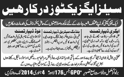 Sales Executives Jobs Lahore December 2013 2014 at PO Box 176 GPO Lahore