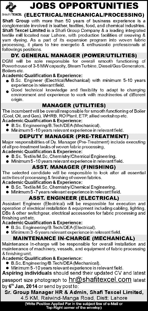 Shafi Texcel Jobs December 2013 2014 for Electrical / Mechanical / Chemical Engineers & Chemist